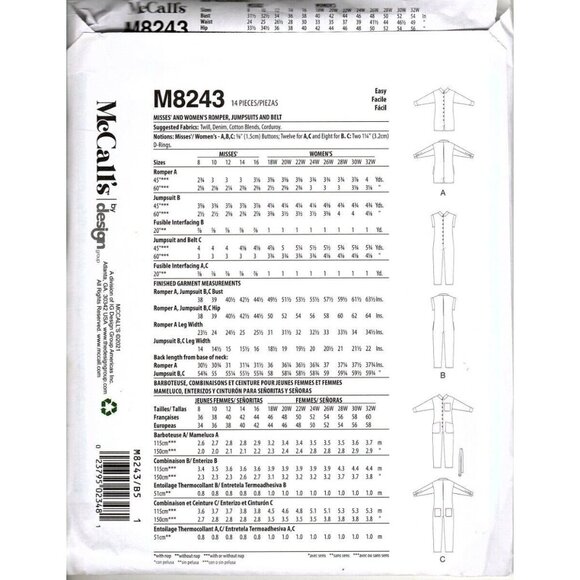 McCall's M8243 Misses 8 to 16 Jumpsuit and Rompers Uncut Sewing Pattern - Picture 2 of 2